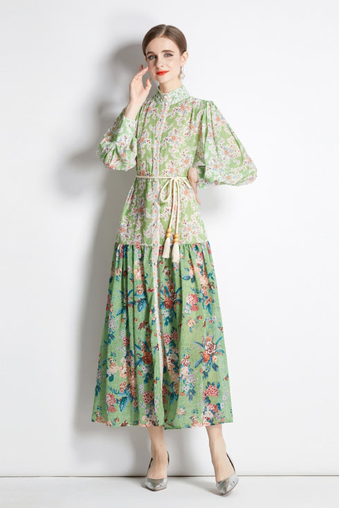 Alluring & Mesmerizing Floral Print Flowy Hem with Stand-Up Collar, Women Long Maxi Dress - Mint